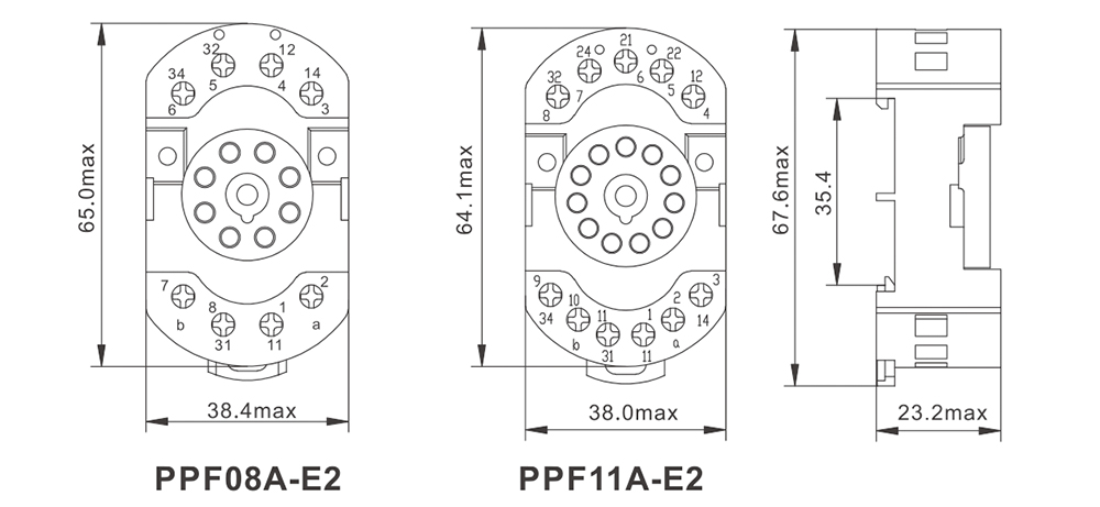 PPF Series Sockets-PPF A-E2 Dimensions (mm)