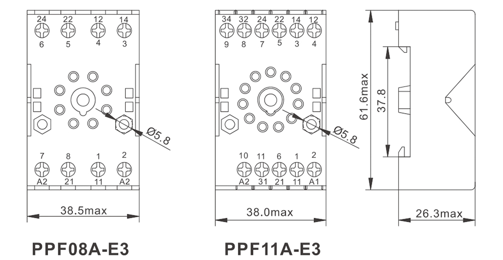 PPF Series Sockets-PPF A-E3 Dimensions (mm)