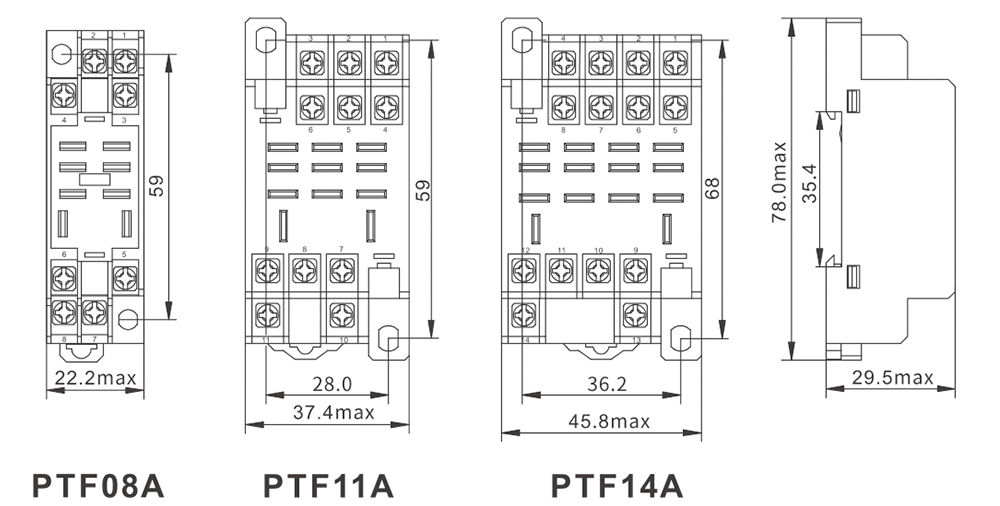 PTF Series Sockets-PTF A Dimensions (mm)