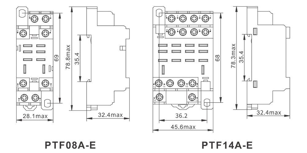 PTF Series Sockets-PTF A-E Dimensions (mm)